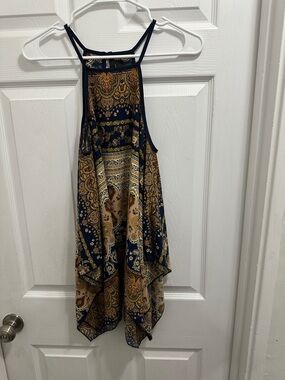 Romeo & Juliet Couture Navy Paisley Halter Boho Tank with Gold Accents